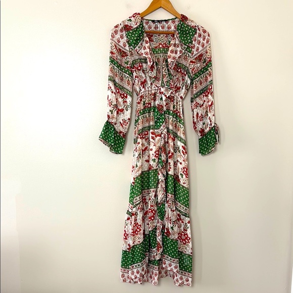ZARA Ruffle Frills Floral Print Dress V-neck Midi Size S Green Blogger Favorite - Picture 2 of 16